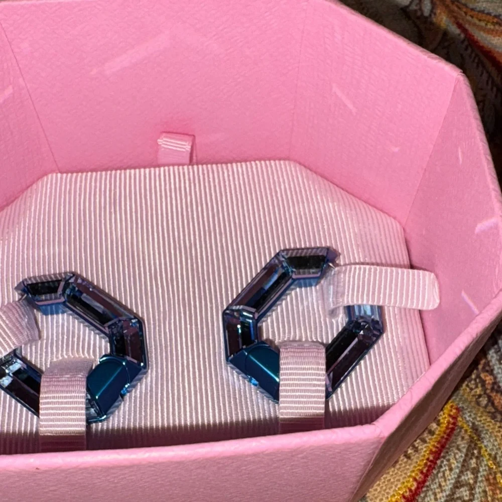 Swarovski Lucent hoop earrings Octagon shape, Small, Blue NIB - Picture 3 of 7